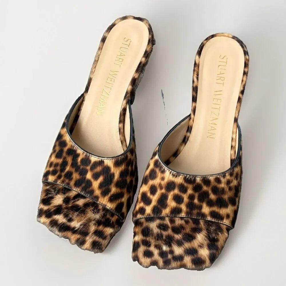 Stuart Weitzman Tia 75 Leopard Calf Hair Slide Mule Sandal Kitten Heel Shoes 9